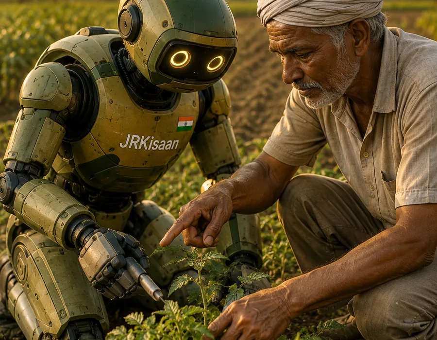 JR Kisaan robot helping a farmer inspect crops in an Indian field